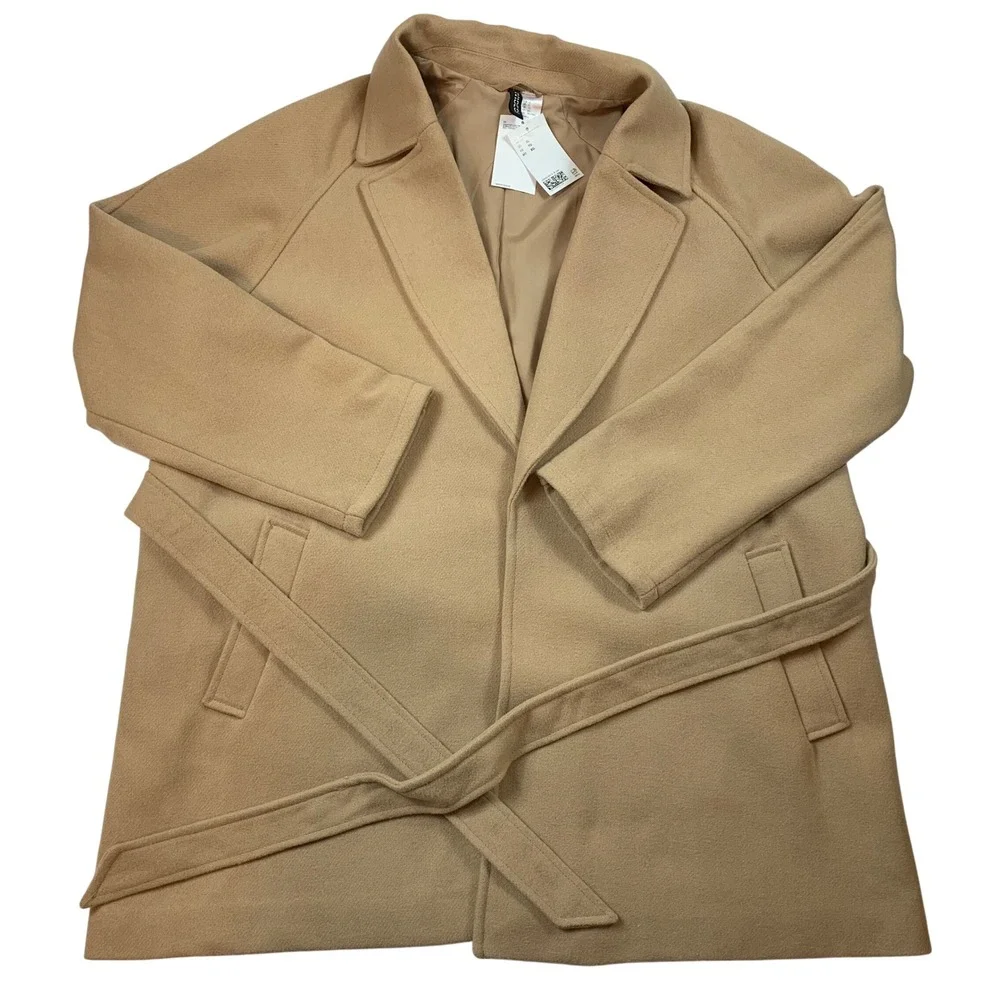 H&M Divided Camel Tan Belted Wrap Coat Notched Lapel XL NEW